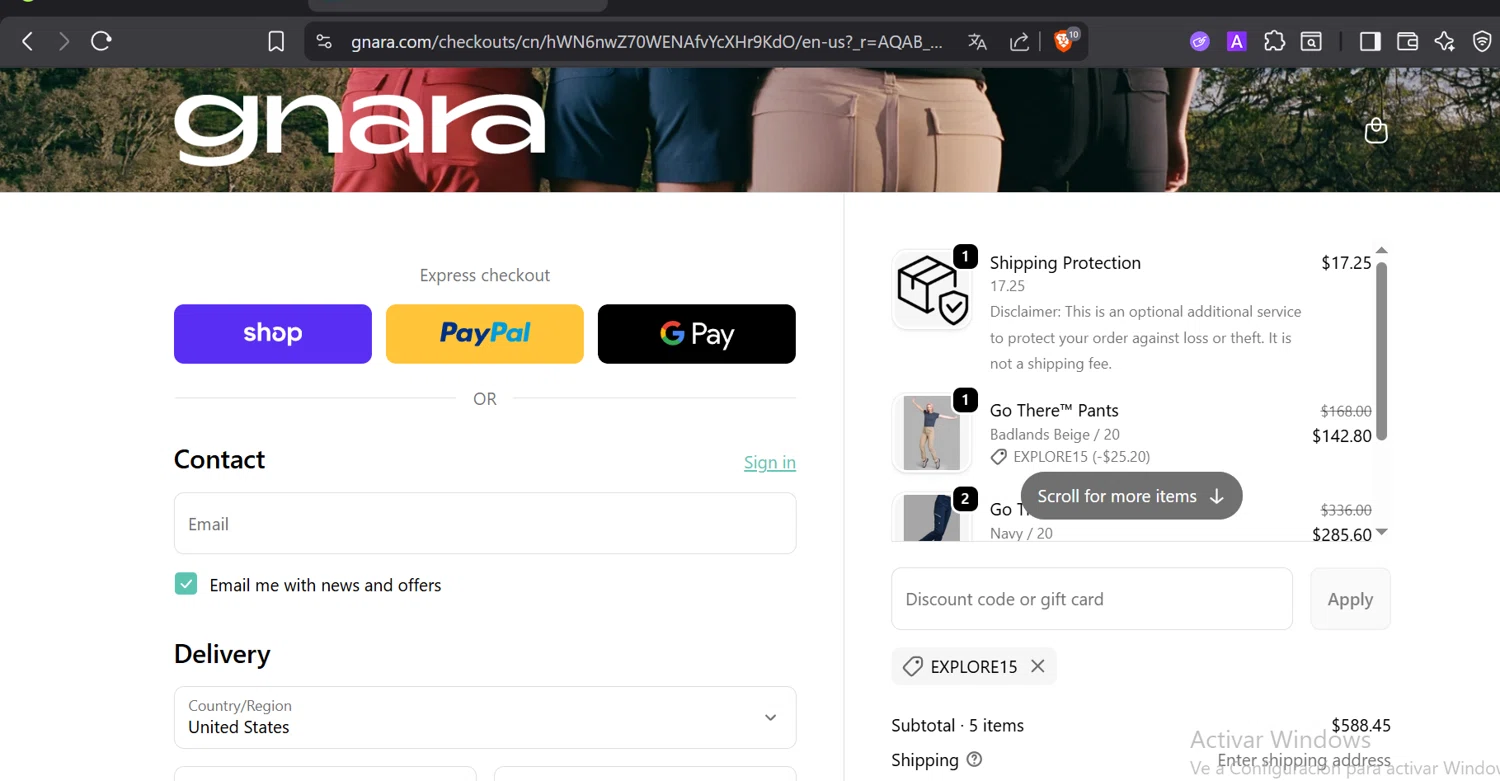 Gnara discount code screenshot showing code EXPLORE15 applied at Gnara checkout page. Uploaded by SimplyCodes community member CashElite5536 on Dec 24, 2025