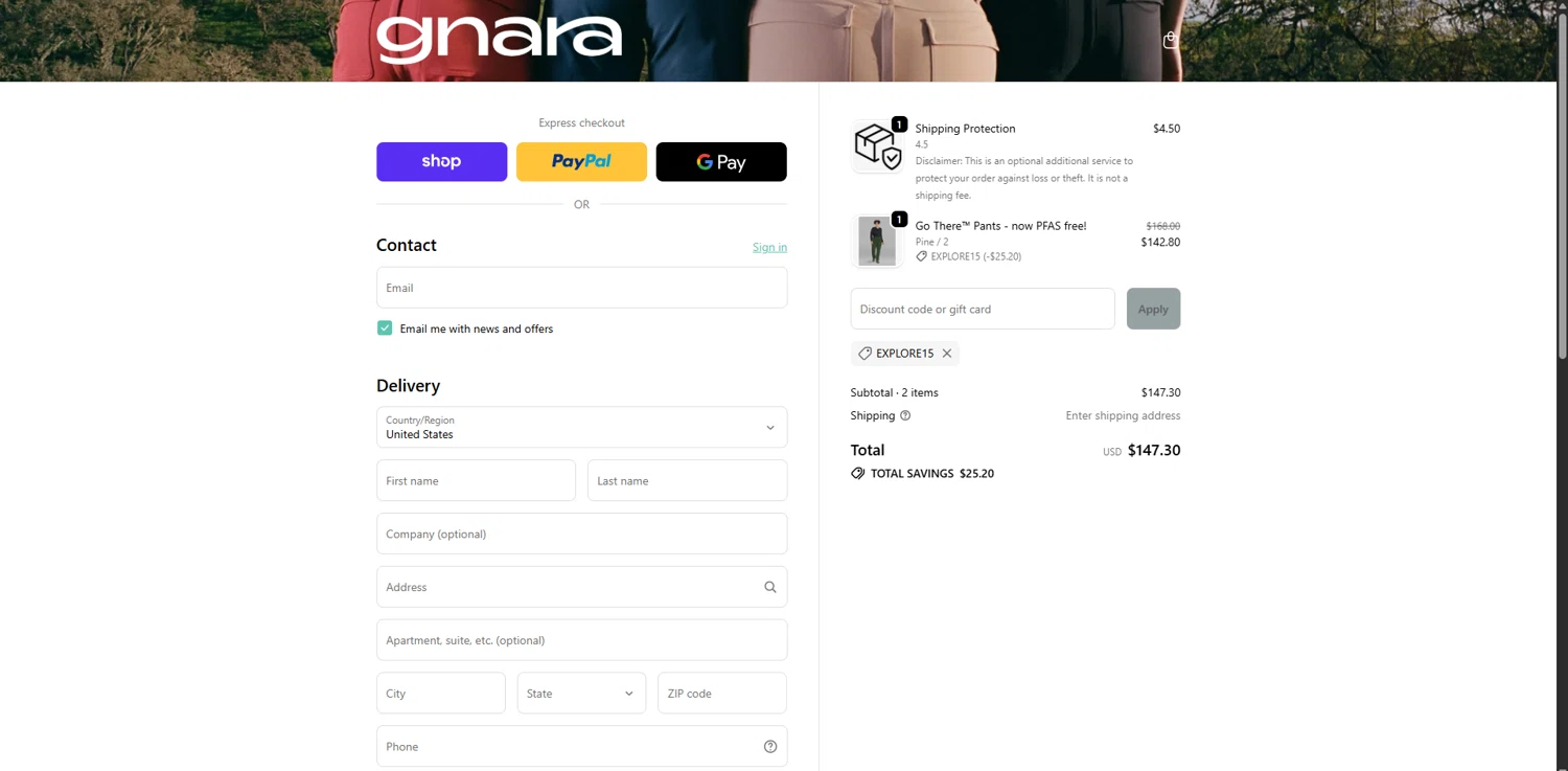 Gnara discount code screenshot showing code EXPLORE15 applied at Gnara checkout page. Uploaded by SimplyCodes community member ValiantSleuth7563 on Dec 9, 2025