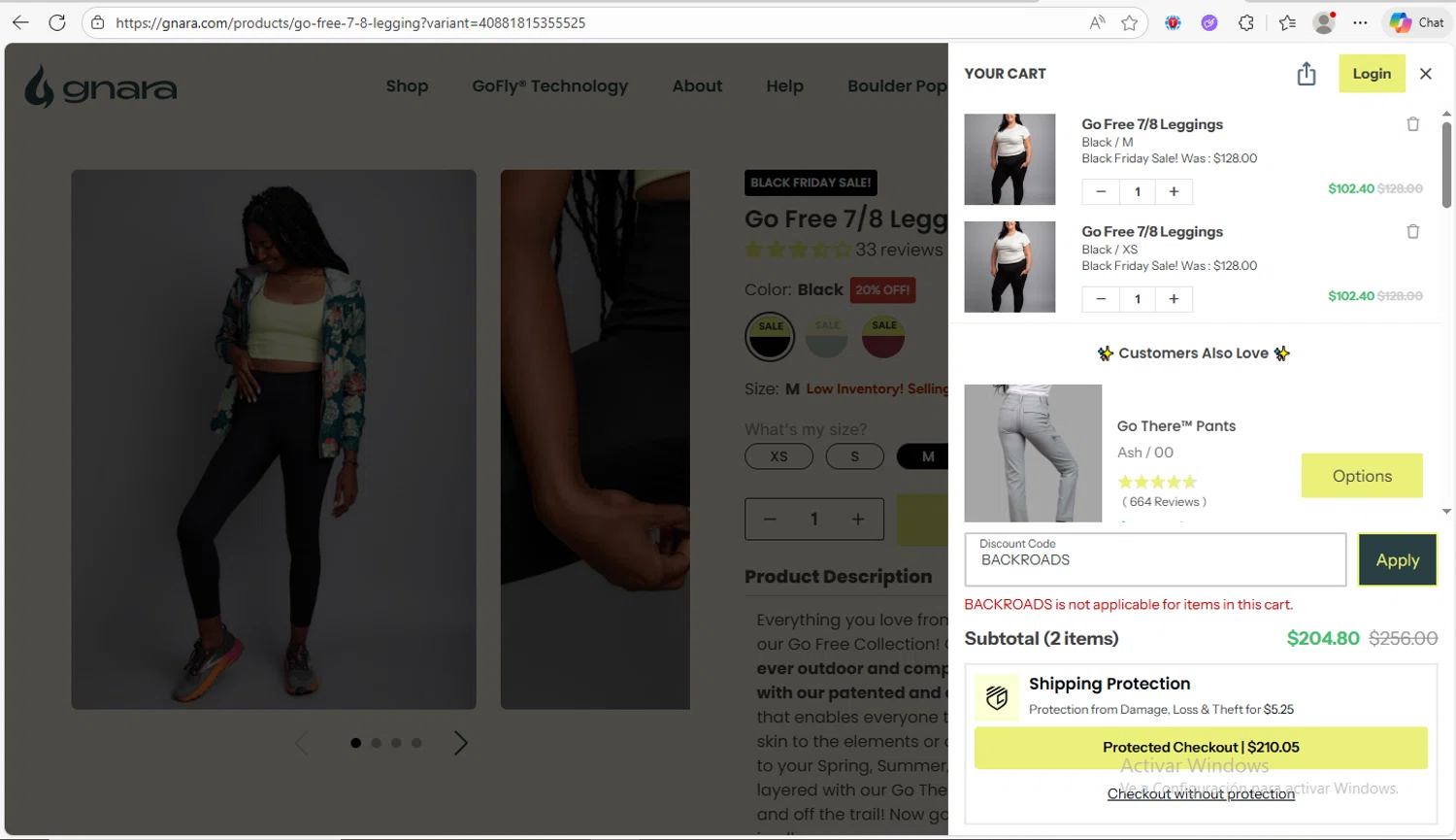 Gnara discount code screenshot showing code BACKROADS applied at Gnara checkout page. Uploaded by SimplyCodes community member Franco20 on Nov 30, 2025
