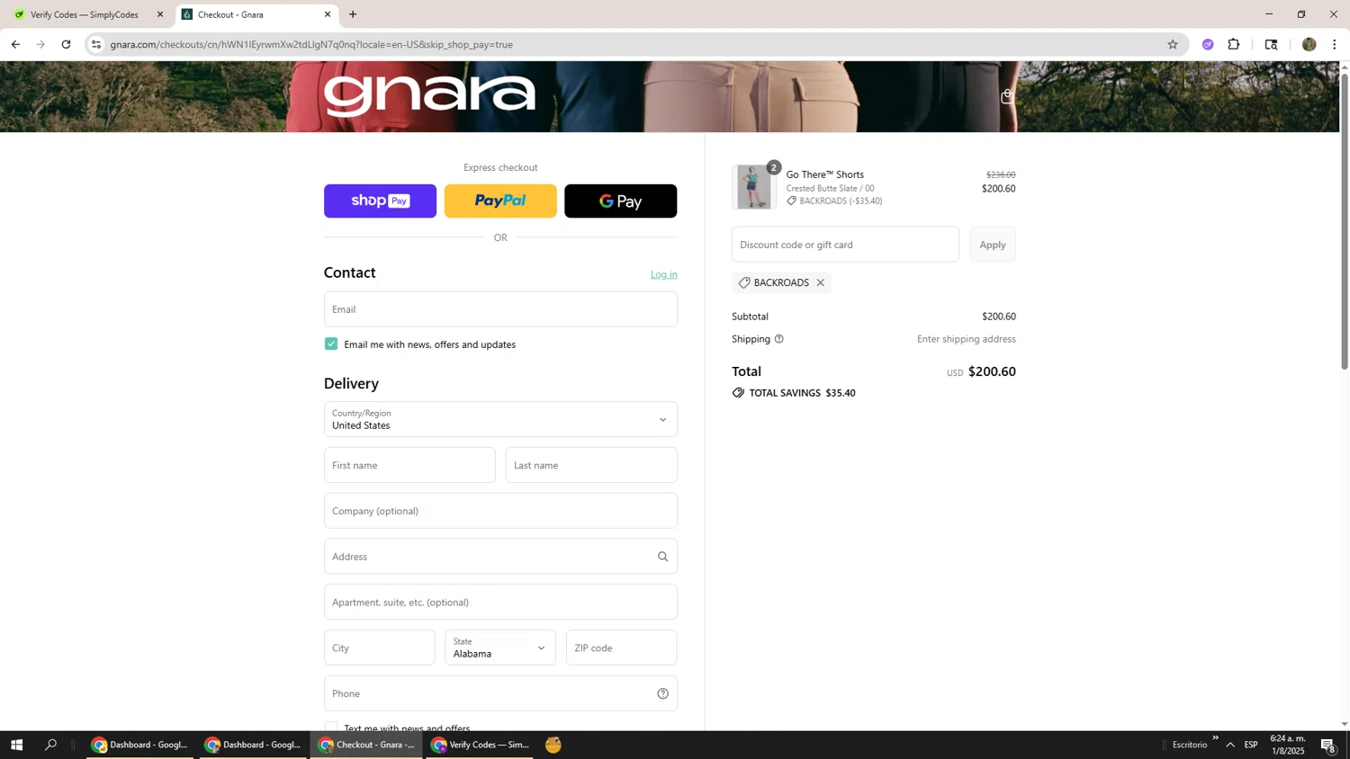 Gnara discount code screenshot showing code BACKROADS applied at Gnara checkout page. Uploaded by SimplyCodes community member Phoenix585 on Aug 1, 2025