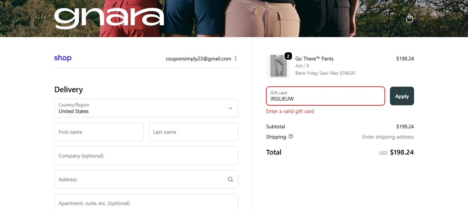 Gnara discount code screenshot showing code IRISLIEUW applied at Gnara checkout page. Uploaded by SimplyCodes community member IsabellaMillan on Nov 30, 2025