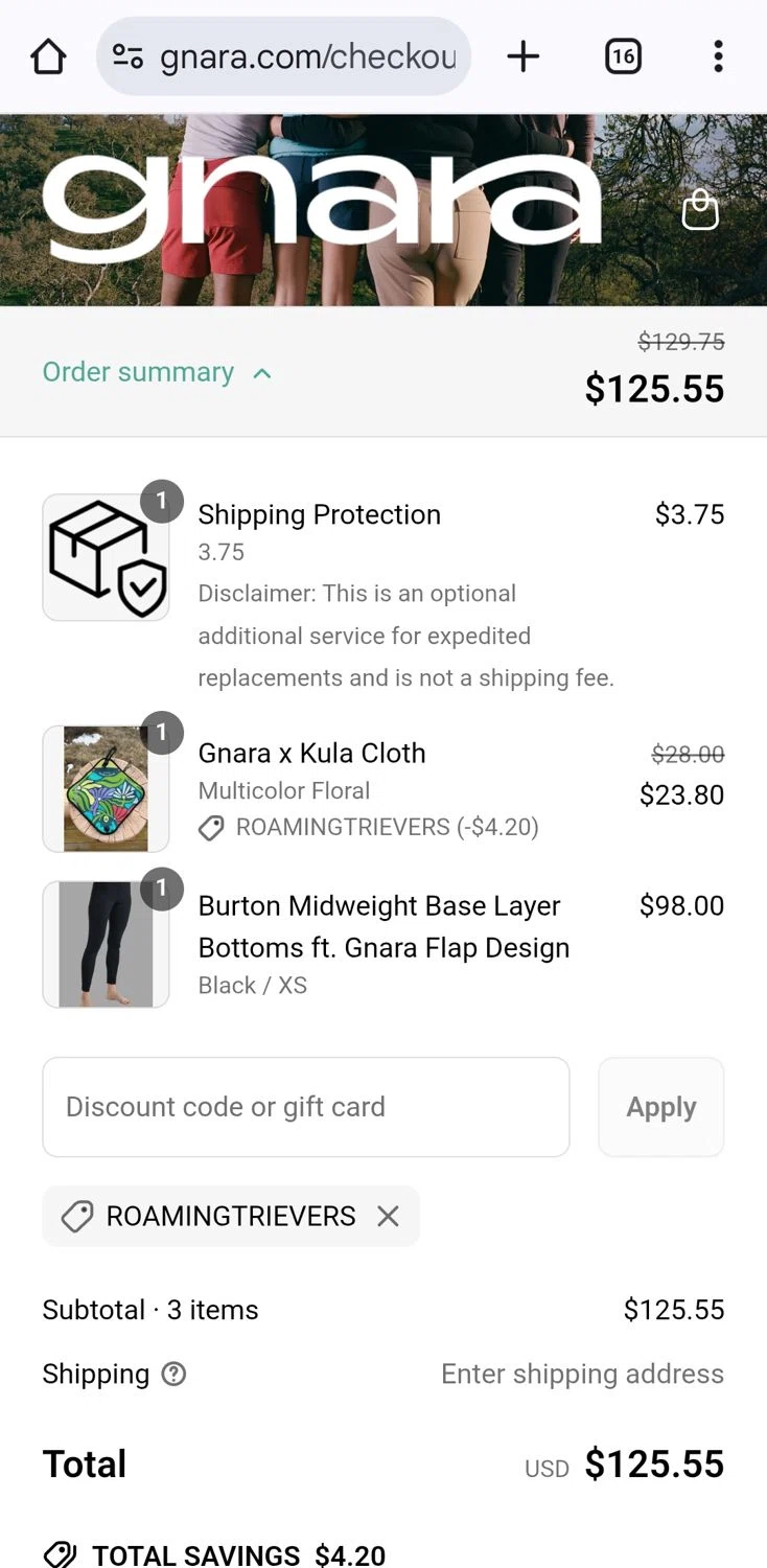 Gnara discount code screenshot showing code roamingtrievers applied at Gnara checkout page. Uploaded by SimplyCodes community member KarinaHZ on May 14, 2025