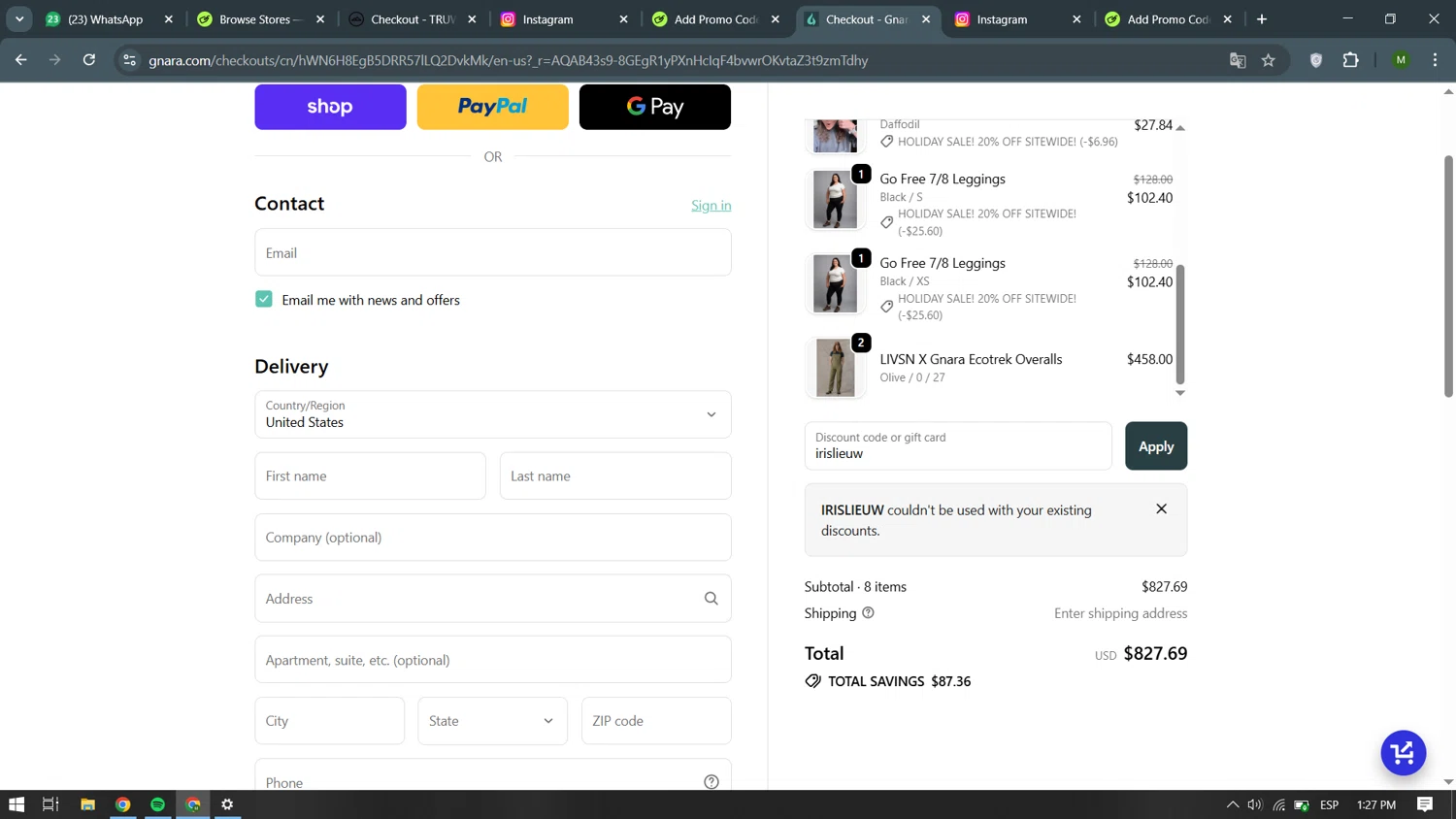Gnara discount code screenshot showing code irislieuw applied at Gnara checkout page. Uploaded by SimplyCodes community member becomeaware on Dec 10, 2025