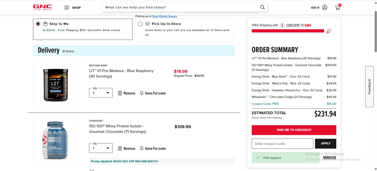 GNC coupon code screenshot showing code PS15 applied at GNC checkout page. Uploaded by SimplyCodes community member HoneyJean on Dec 26, 2025