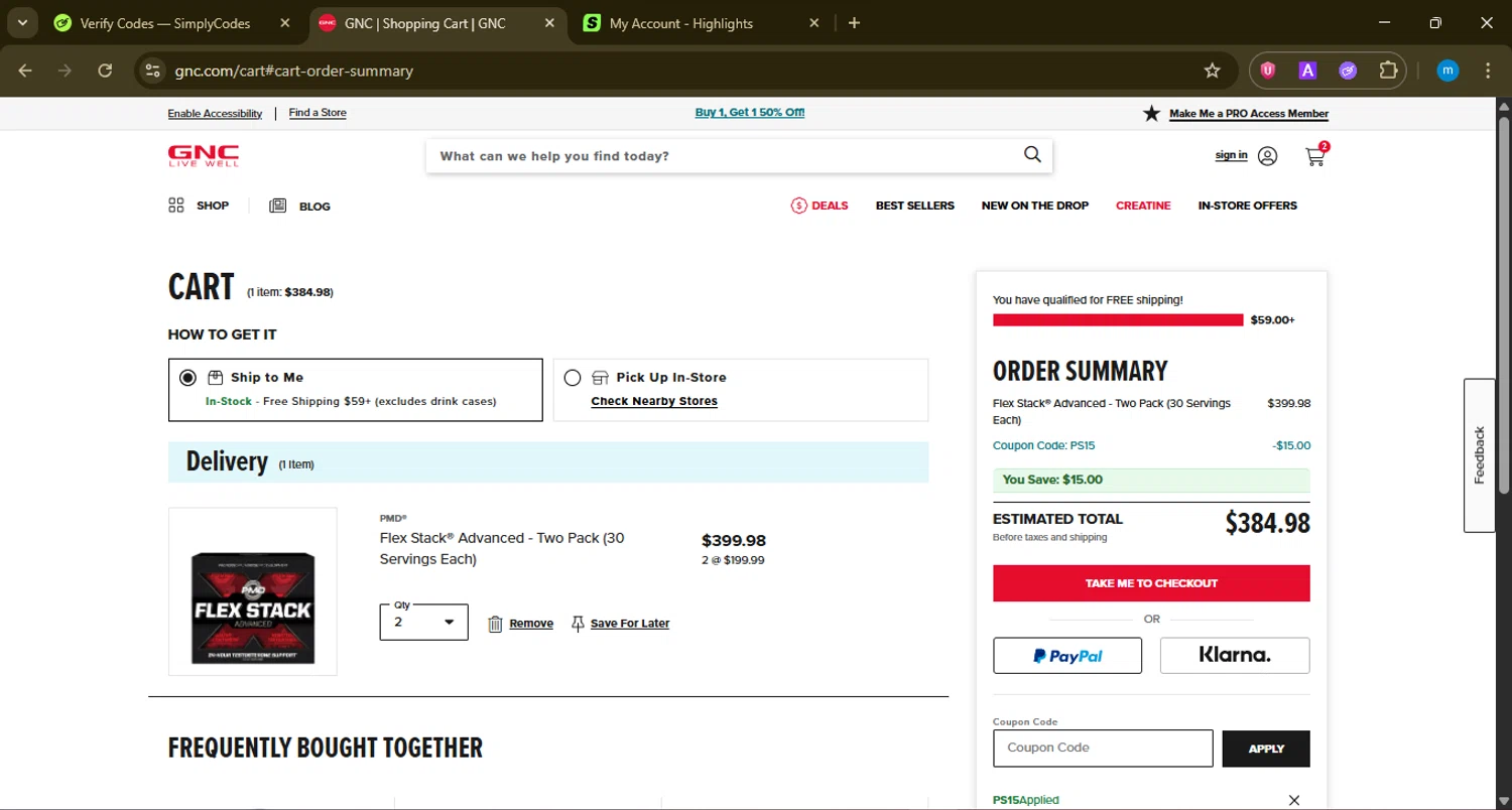 GNC coupon code screenshot showing code PS15 applied at GNC checkout page. Uploaded by SimplyCodes community member LuckyWarden9122 on Jan 25, 2026