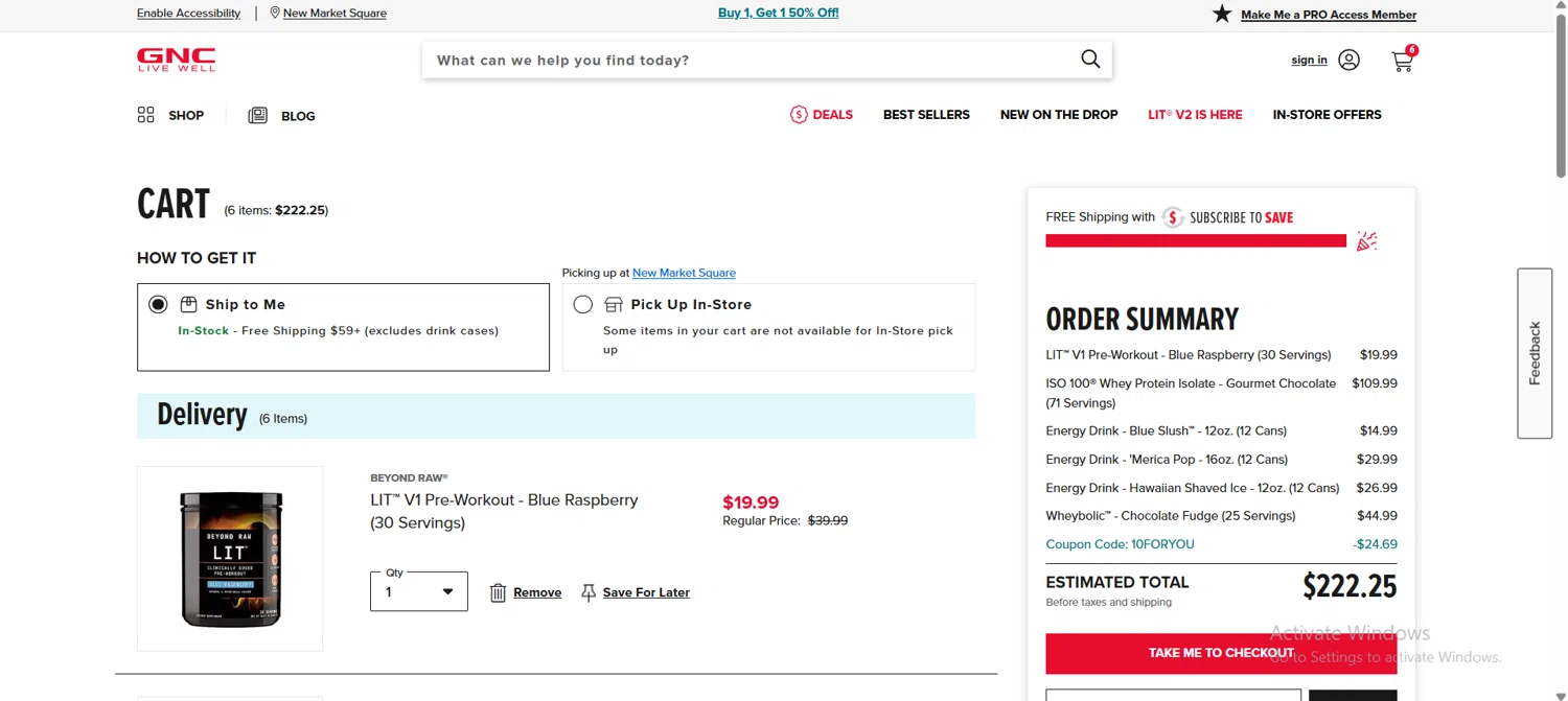 GNC coupon code screenshot showing code 10FORYOU applied at GNC checkout page. Uploaded by SimplyCodes community member HoneyJean on Dec 26, 2025