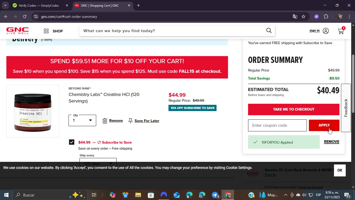 GNC coupon code screenshot showing code 10FORYOU applied at GNC checkout page. Uploaded by SimplyCodes community member ShieldEagle9436 on Nov 23, 2025