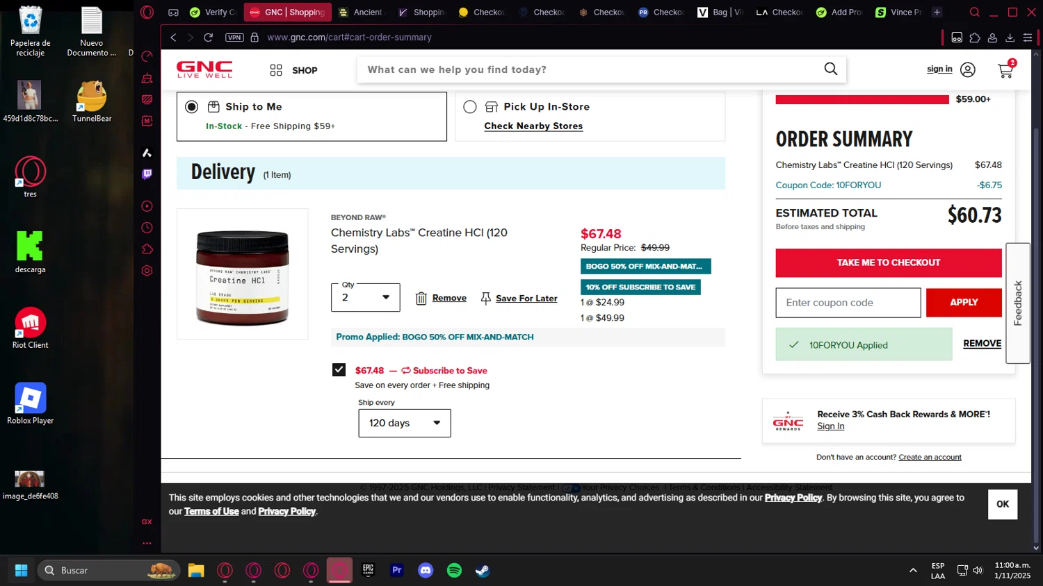 GNC coupon code screenshot showing code 10FORYOU applied at GNC checkout page. Uploaded by SimplyCodes community member leonardocamacho2 on Nov 1, 2025
