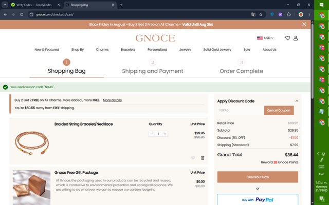 Gnoce checkout page showing Gnoce discount code box | Screenshot taken by SimplyCodes community member on Aug 31, 2025