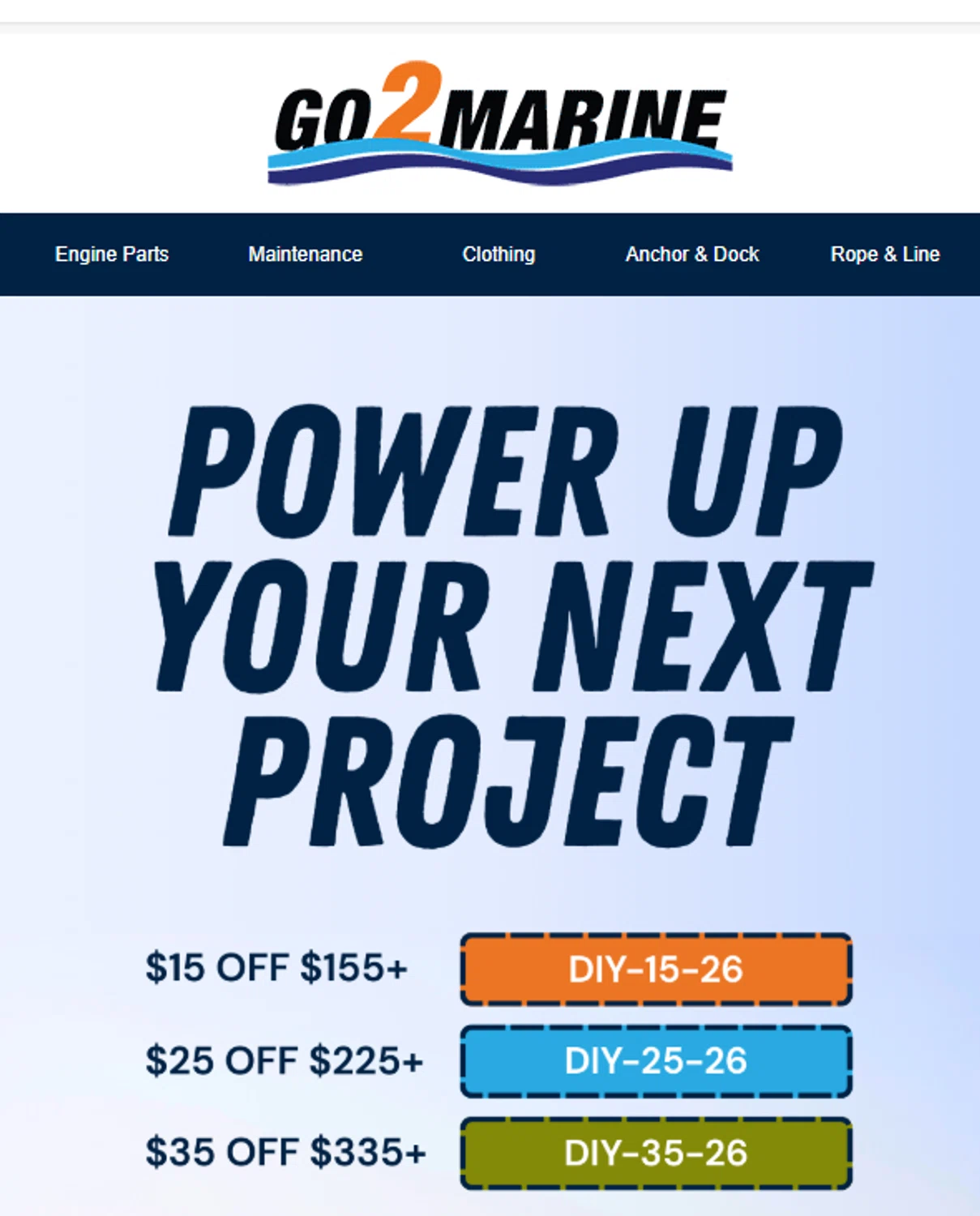 Go2marine promo code screenshot showing code DIY-15-26 applied at Go2marine checkout page. Uploaded by SimplyCodes community member valeriaantonieta on Jan 9, 2026