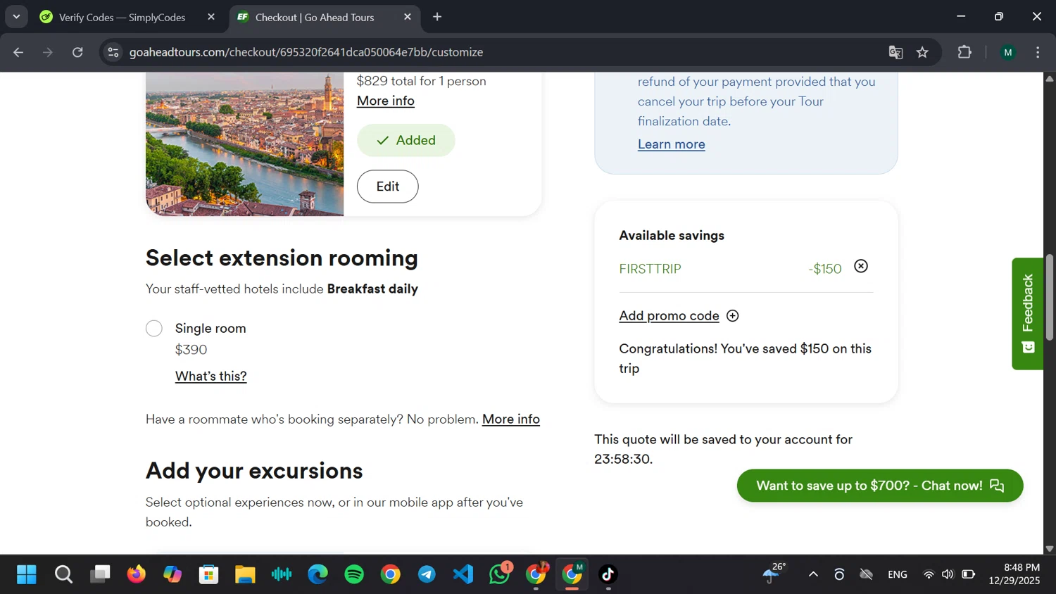 Go Ahead Tours promo code screenshot showing code FIRSTTRIP applied at Go Ahead Tours checkout page. Uploaded by SimplyCodes community member JPRJOESTAR on Dec 30, 2025