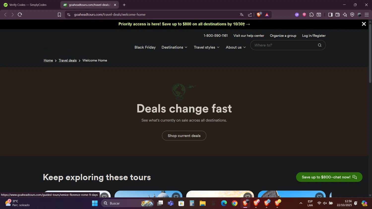 Go Ahead Tours promo code screenshot showing code WH25 applied at Go Ahead Tours checkout page. Uploaded by SimplyCodes community member Caraxes on Oct 22, 2025