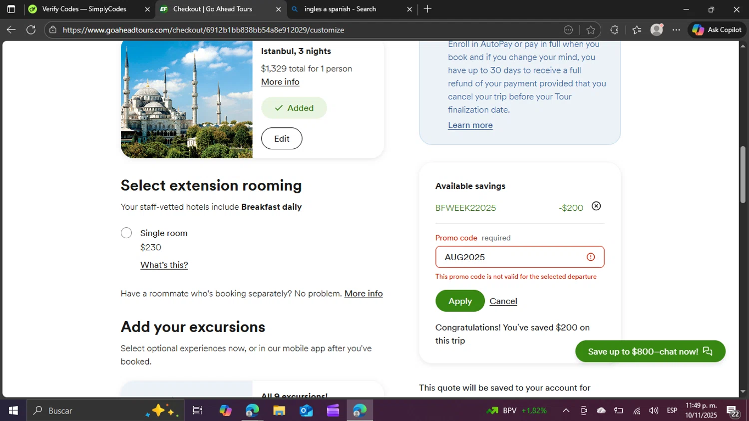 Go Ahead Tours checkout page showing Go Ahead Tours promo code box | Screenshot taken by SimplyCodes community member on Nov 11, 2025