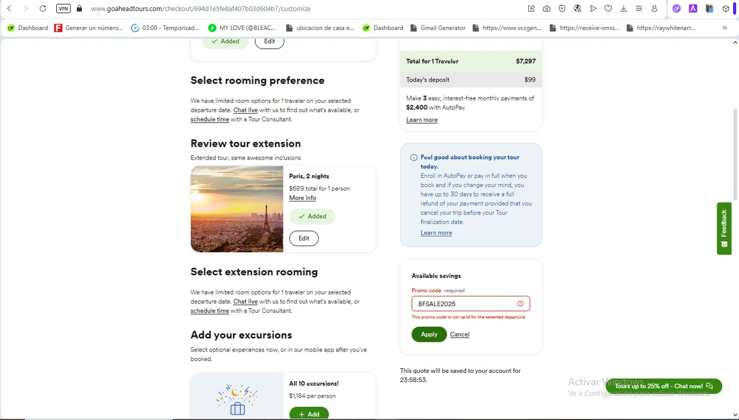 Go Ahead Tours promo code screenshot showing code BFSALE2025 applied at Go Ahead Tours checkout page. Uploaded by SimplyCodes community member ScanSaver5253 on Dec 25, 2025
