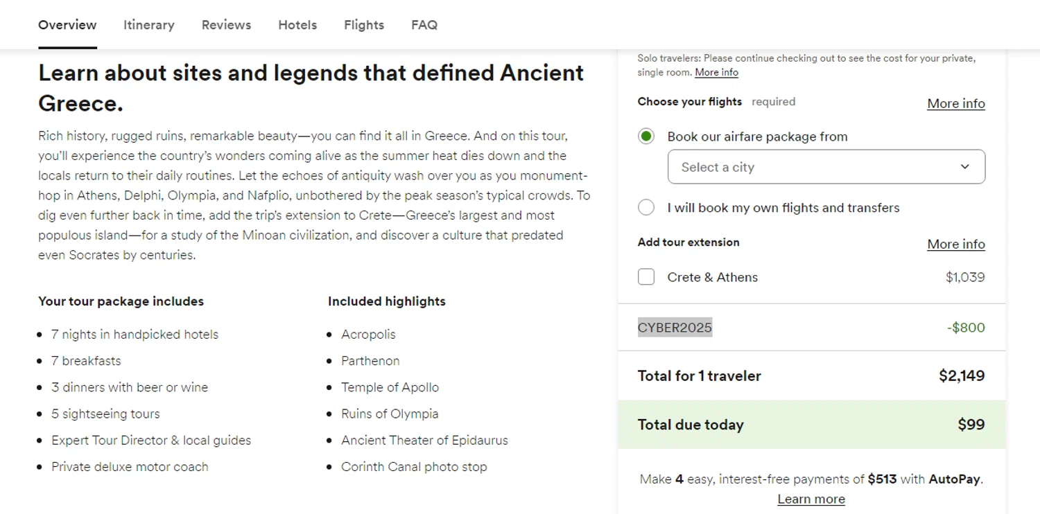 Go Ahead Tours promo code screenshot showing code CYBER2025 applied at Go Ahead Tours checkout page. Uploaded by SimplyCodes community member Alofoke on Dec 2, 2025
