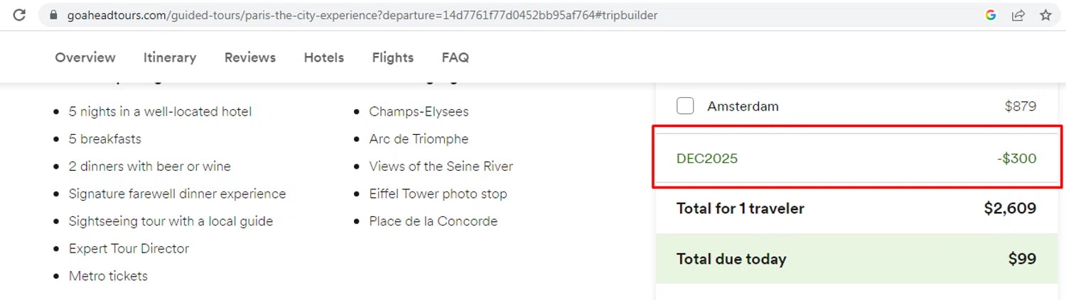 Go Ahead Tours promo code screenshot showing code DEC2025 applied at Go Ahead Tours checkout page. Uploaded by SimplyCodes community member Alofoke on Dec 14, 2025