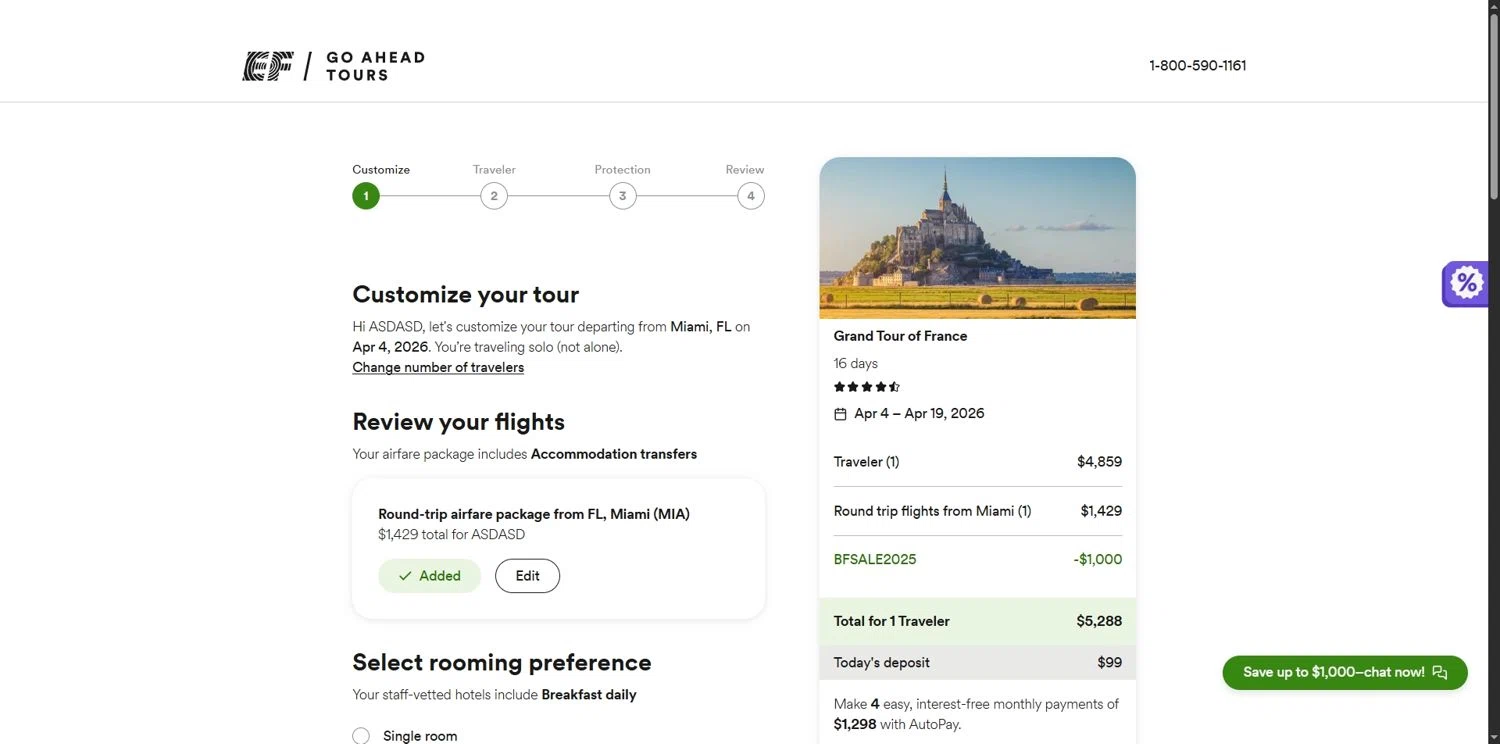 Go Ahead Tours promo code screenshot showing code BFSALE2025 applied at Go Ahead Tours checkout page. Uploaded by SimplyCodes community member Depressive on Nov 24, 2025