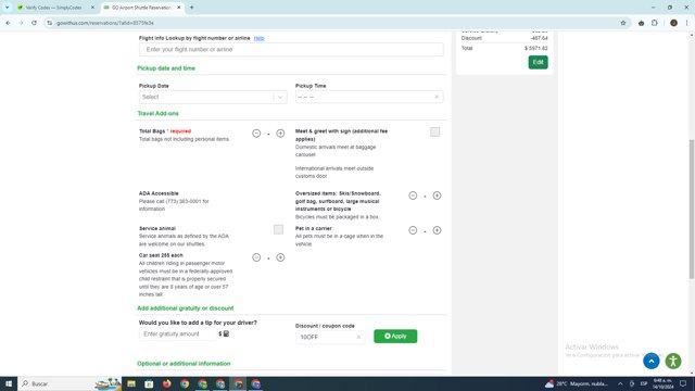 Go Airport Shuttle checkout page showing Go Airport Shuttle promo code box | Screenshot taken by SimplyCodes community member on Oct 14, 2024