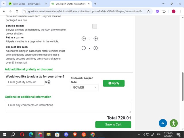 Go Airport Shuttle checkout page showing Go Airport Shuttle promo code box | Screenshot taken by SimplyCodes community member on May 2, 2025