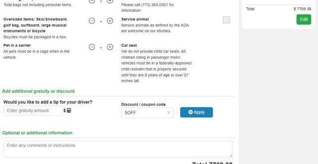 Go Airport Shuttle checkout page showing Go Airport Shuttle promo code box | Screenshot taken by SimplyCodes community member on Jul 16, 2024