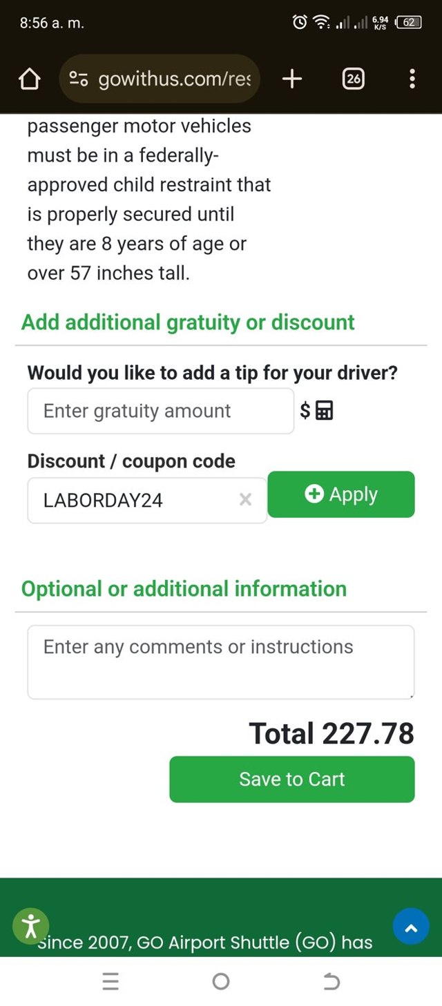 Go Airport Shuttle checkout page showing Go Airport Shuttle promo code box | Screenshot taken by SimplyCodes community member on Sep 22, 2024