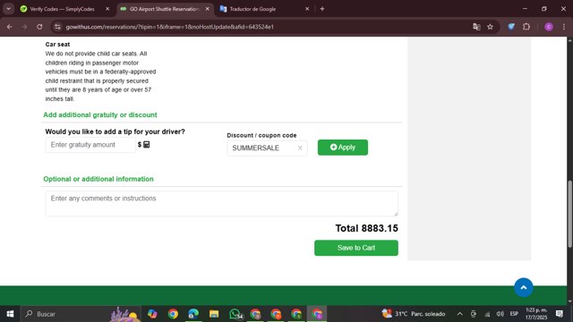 Go Airport Shuttle checkout page showing Go Airport Shuttle promo code box | Screenshot taken by SimplyCodes community member on Jul 17, 2025