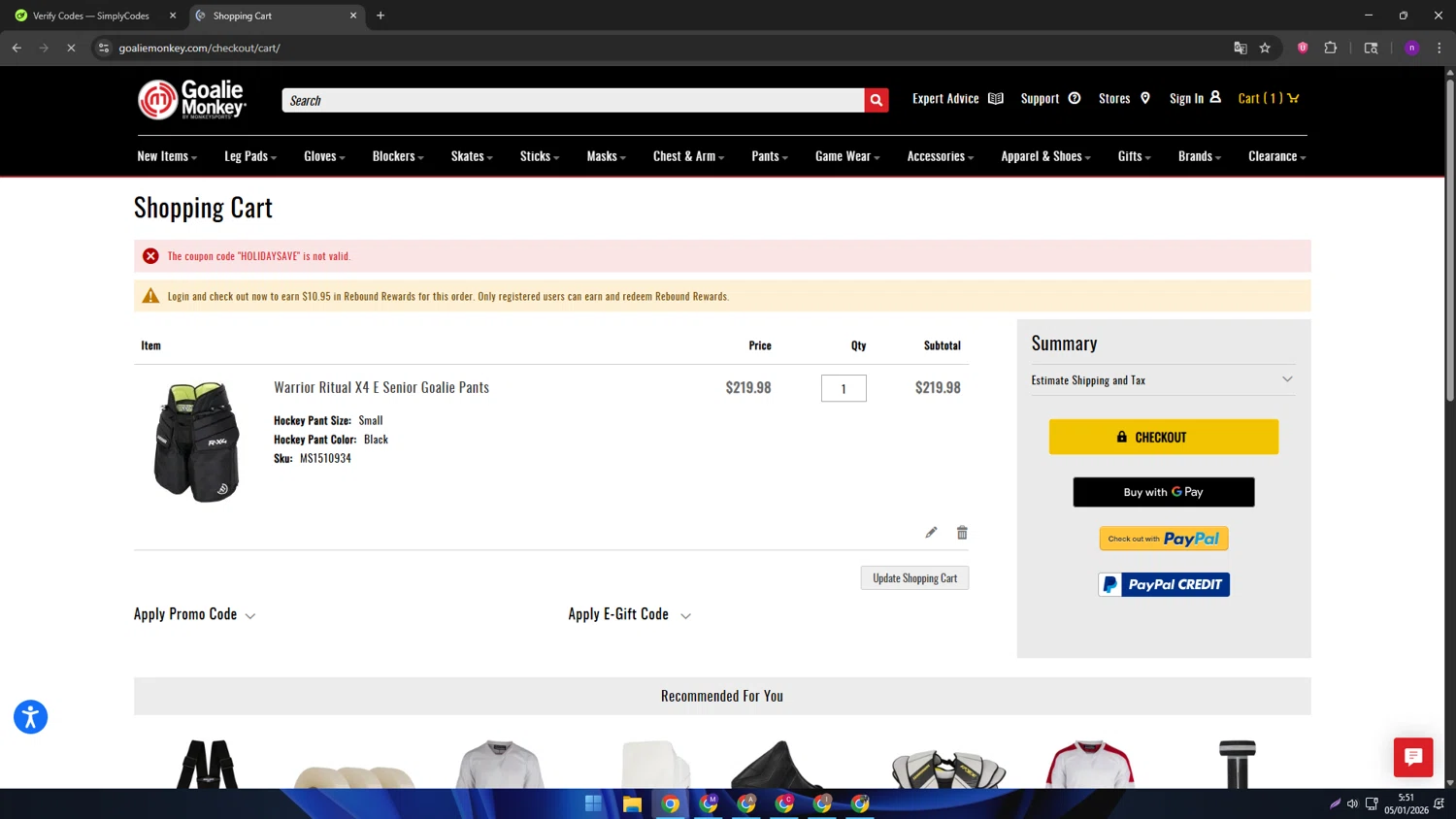 Goalie Monkey promo code screenshot showing code HOLIDAYSAVE applied at Goalie Monkey checkout page. Uploaded by SimplyCodes community member AVAMUSTANG on Jan 5, 2026
