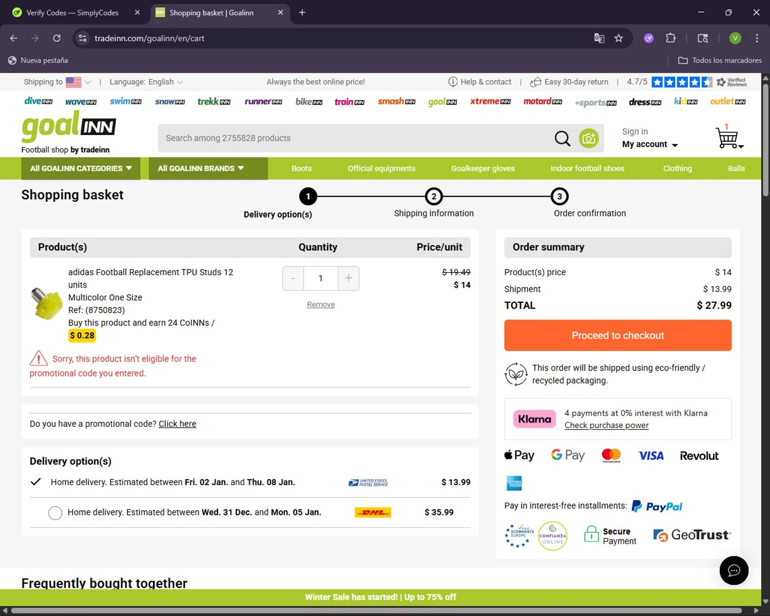 Goalinn promo code screenshot showing code Wwcas10 applied at Goalinn checkout page. Uploaded by SimplyCodes community member CleverNavigator1236 on Dec 29, 2025