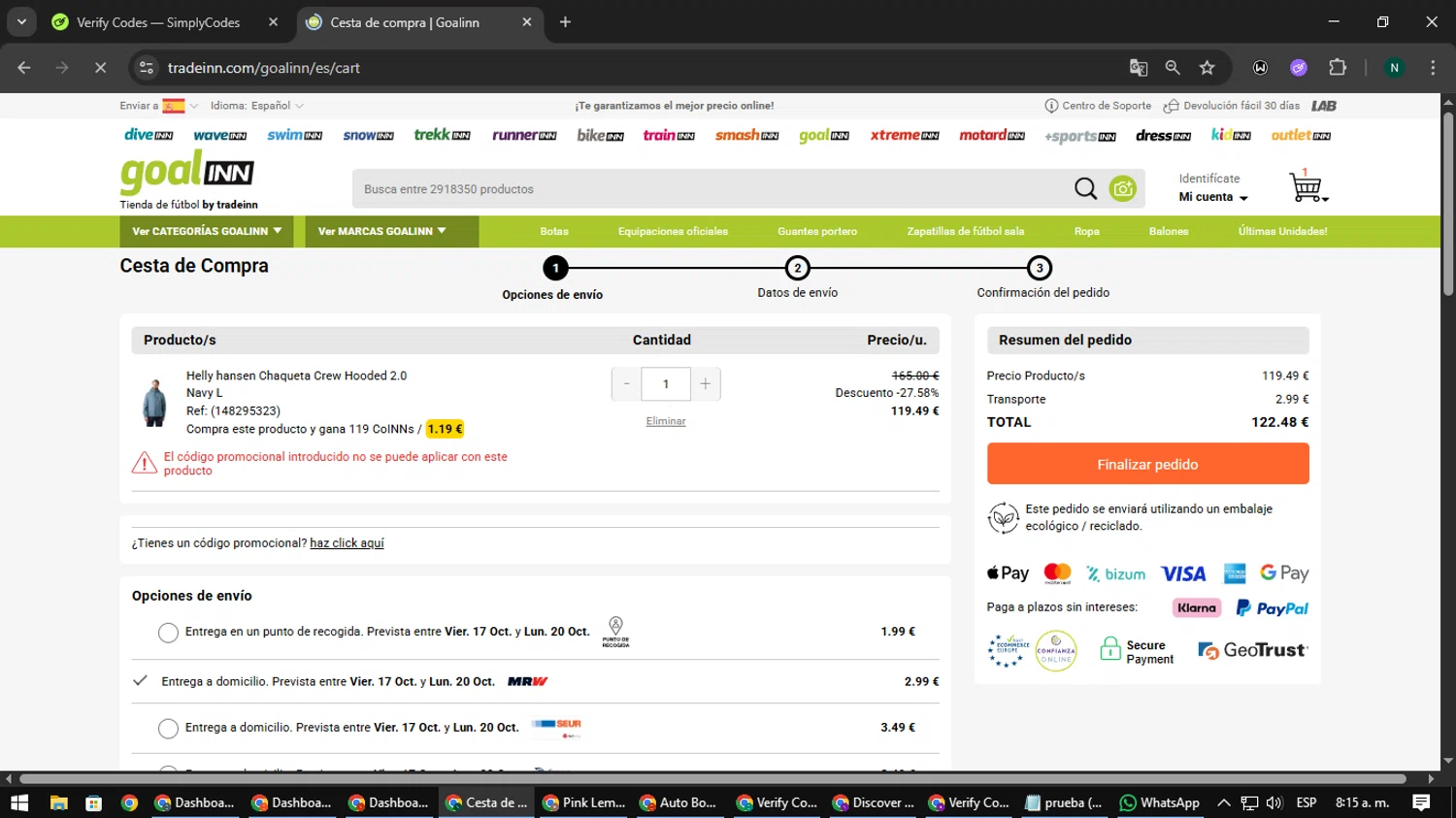Goalinn promo code screenshot showing code Wwcas10 applied at Goalinn checkout page. Uploaded by SimplyCodes community member nataaokiiii on Oct 16, 2025