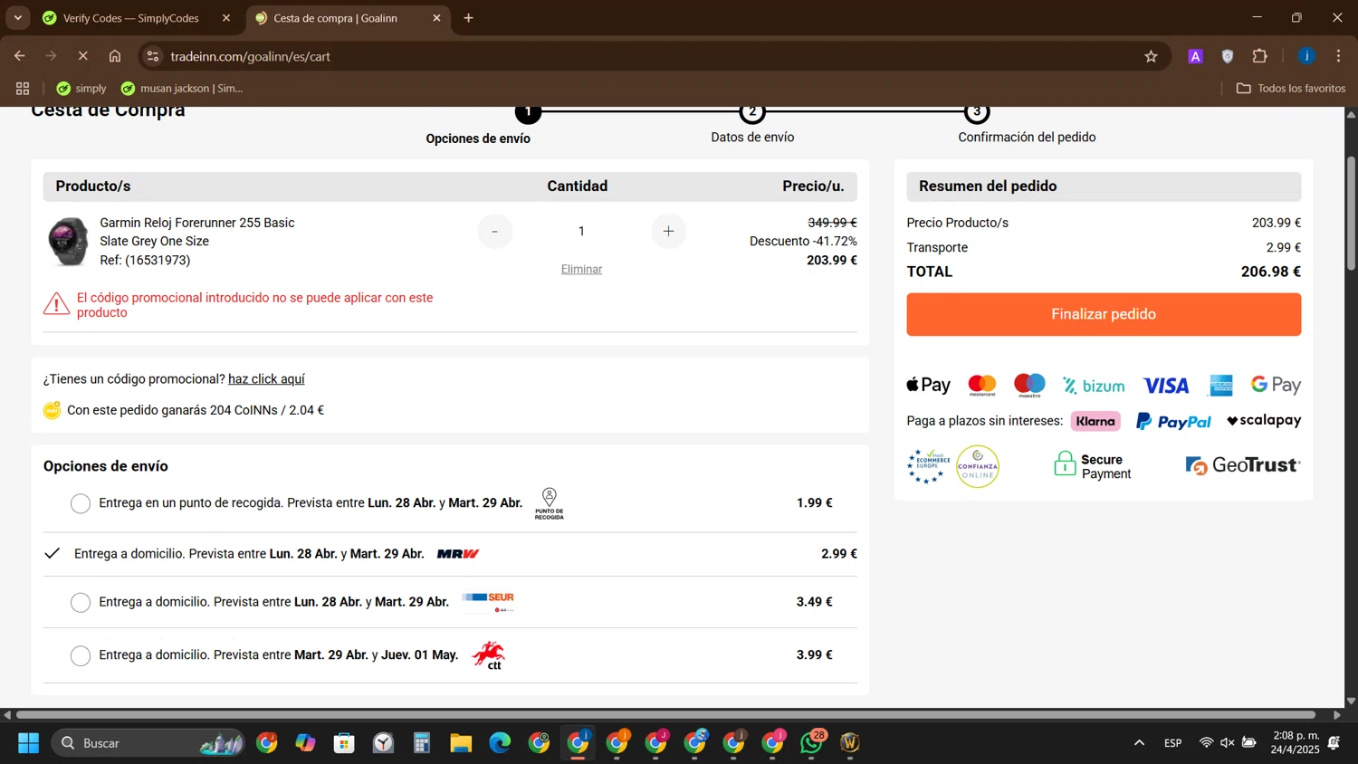 Goalinn promo code screenshot showing code Wwcas10 applied at Goalinn checkout page. Uploaded by SimplyCodes community member yameteqdasai on Apr 24, 2025
