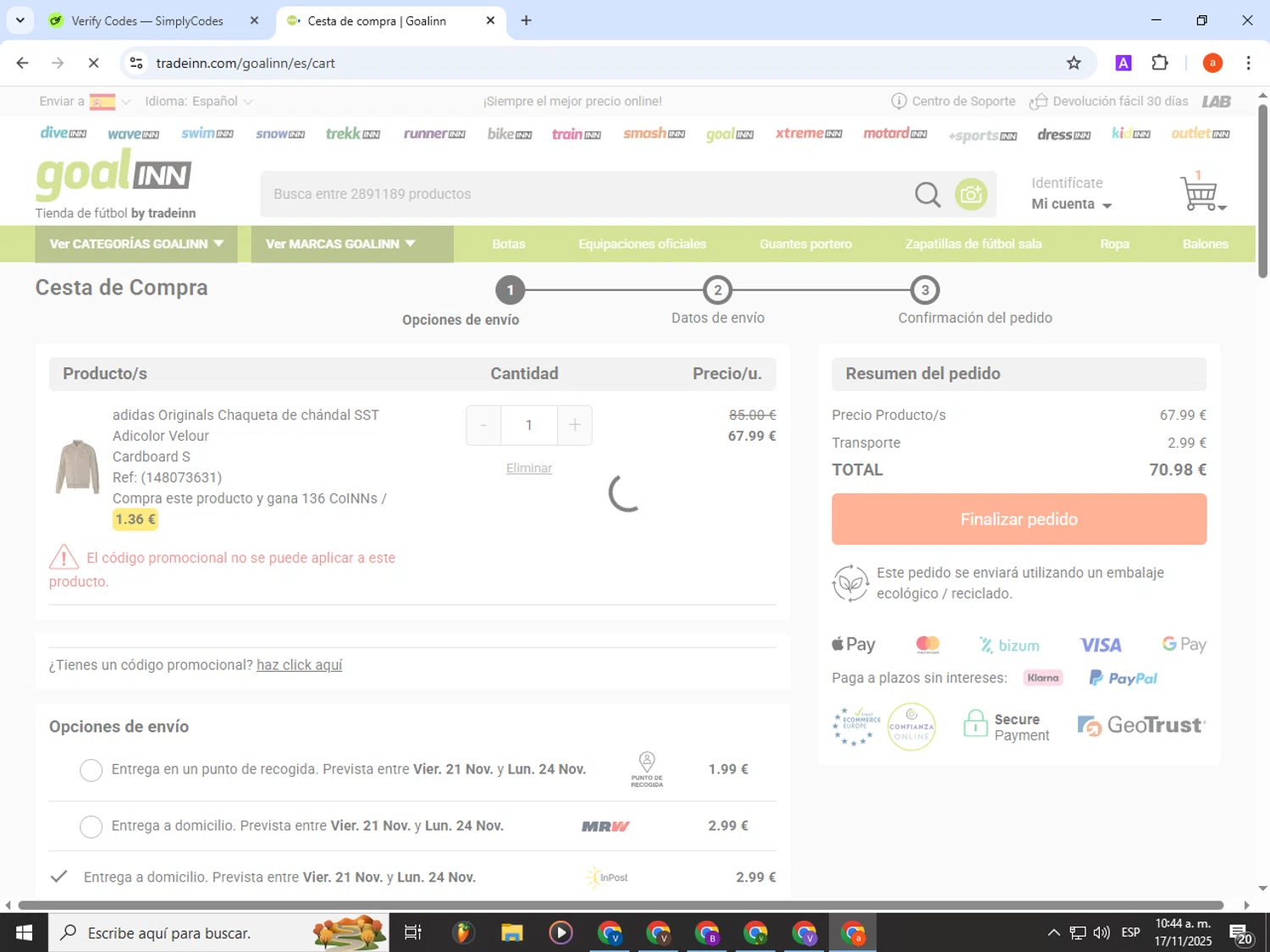 Goalinn promo code screenshot showing code R15NN applied at Goalinn checkout page. Uploaded by SimplyCodes community member partenalgas on Nov 17, 2025
