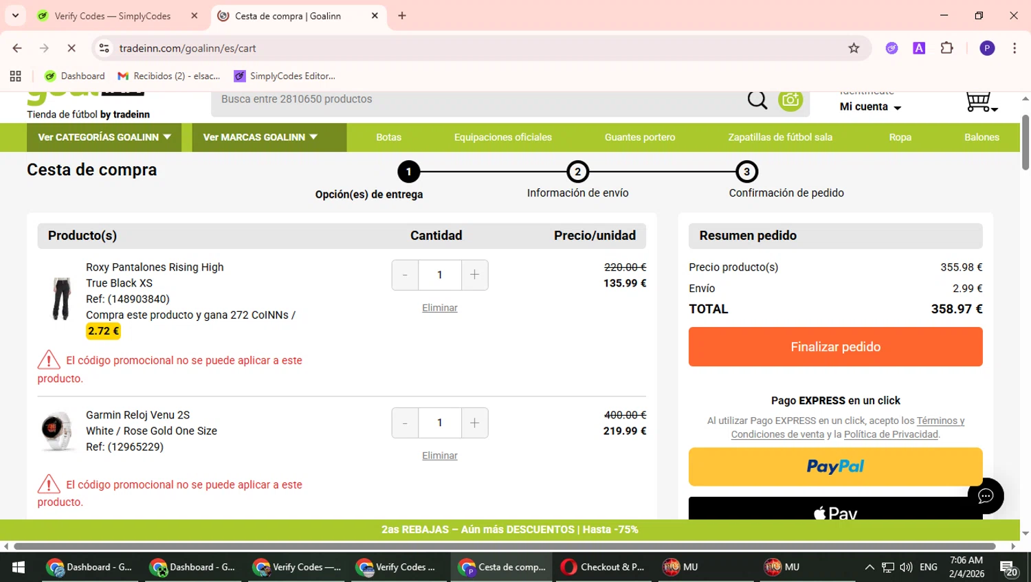 Goalinn promo code screenshot showing code BK26 applied at Goalinn checkout page. Uploaded by SimplyCodes community member TrevorPhilips on Feb 4, 2026