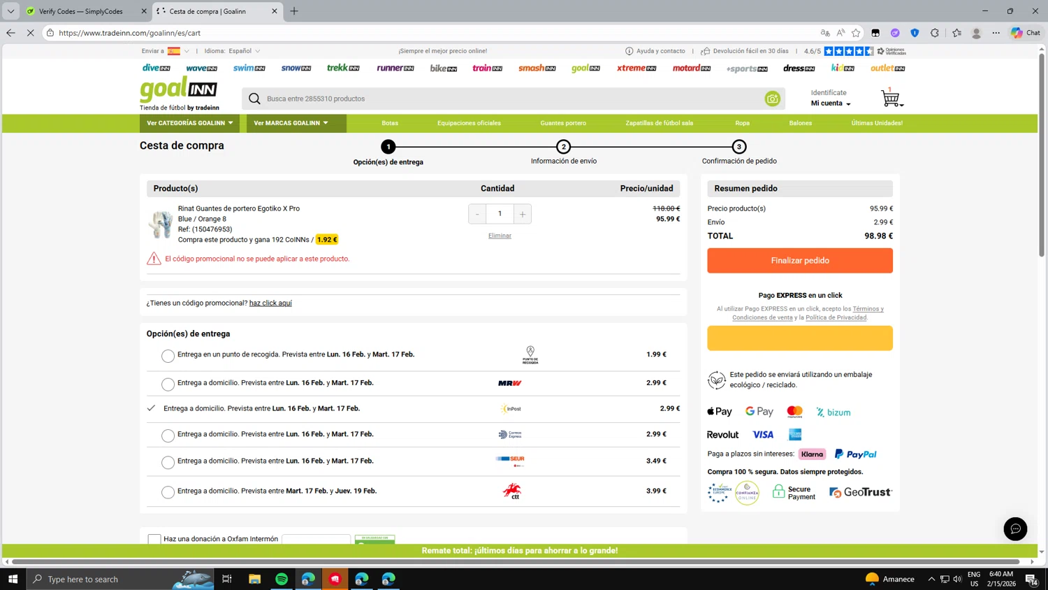 Goalinn checkout page showing Goalinn promo code box | Screenshot taken by SimplyCodes community member on Feb 15, 2026