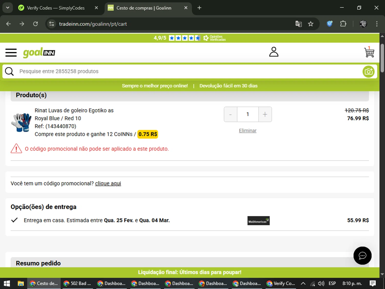 Goalinn promo code screenshot showing code BLL15 applied at Goalinn checkout page. Uploaded by SimplyCodes community member PrimeKnight6101 on Feb 15, 2026