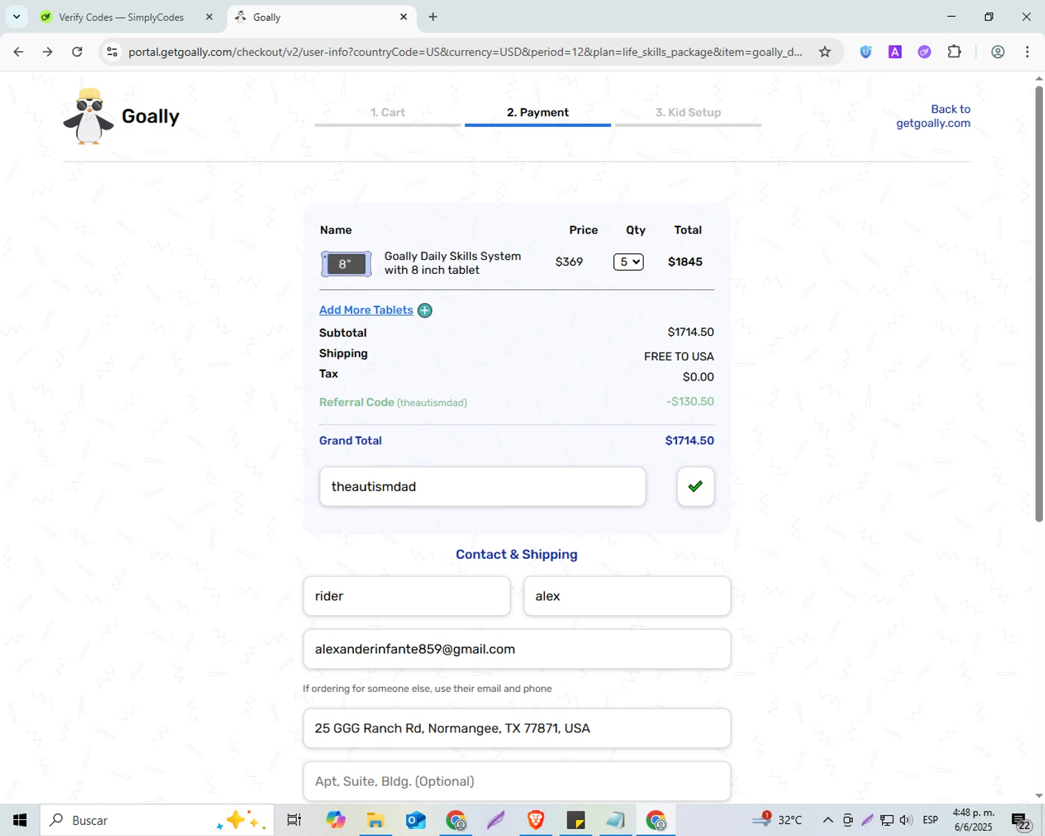 Goally discount code screenshot showing code theautismdad applied at Goally checkout page. Uploaded by SimplyCodes community member EpicEagle6225 on Jun 6, 2025