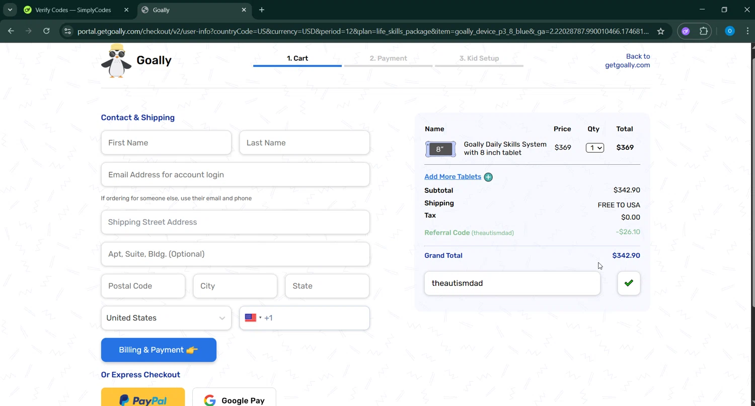 Goally discount code screenshot showing code theautismdad applied at Goally checkout page. Uploaded by SimplyCodes community member _____________ on May 9, 2025