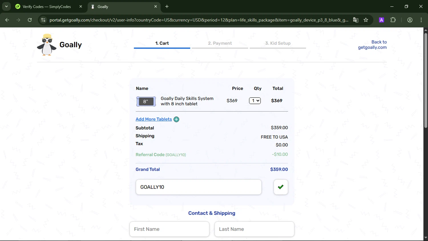 Goally discount code screenshot showing code GOALLY10 applied at Goally checkout page. Uploaded by SimplyCodes community member CoinCollector8010 on Jun 6, 2025