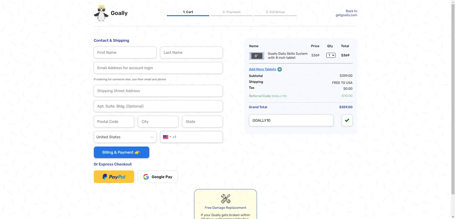 Goally discount code screenshot showing code GOALLY10 applied at Goally checkout page. Uploaded by SimplyCodes community member PennyRanger8219 on May 9, 2025