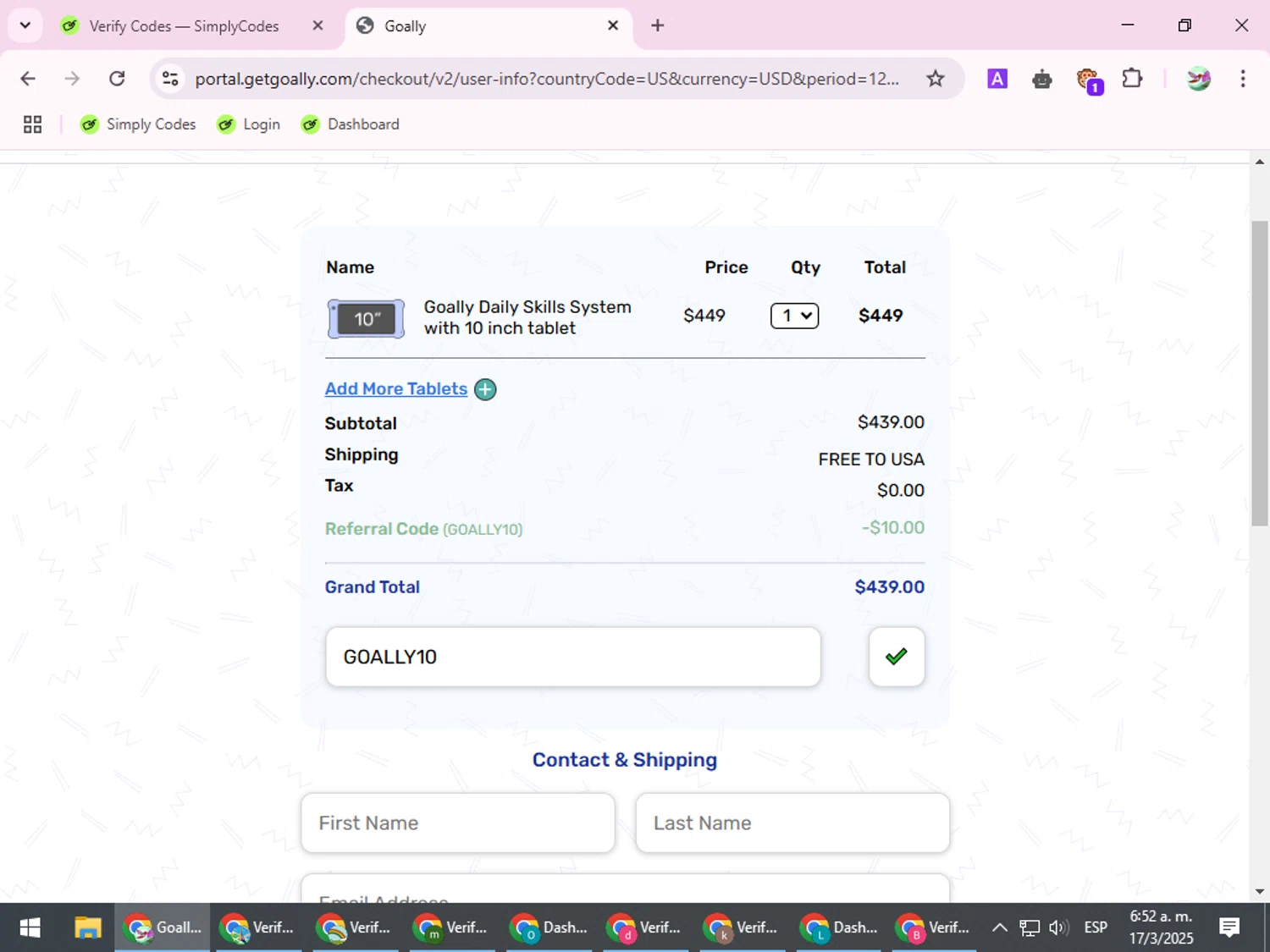 Goally discount code screenshot showing code GOALLY10 applied at Goally checkout page. Uploaded by SimplyCodes community member SilverExpert5694 on Mar 17, 2025