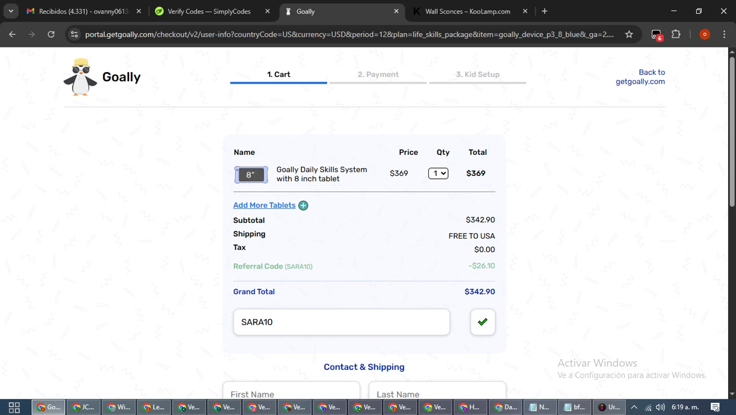 Goally discount code screenshot showing code SARA10 applied at Goally checkout page. Uploaded by SimplyCodes community member WiseTracker2171 on Jan 5, 2026