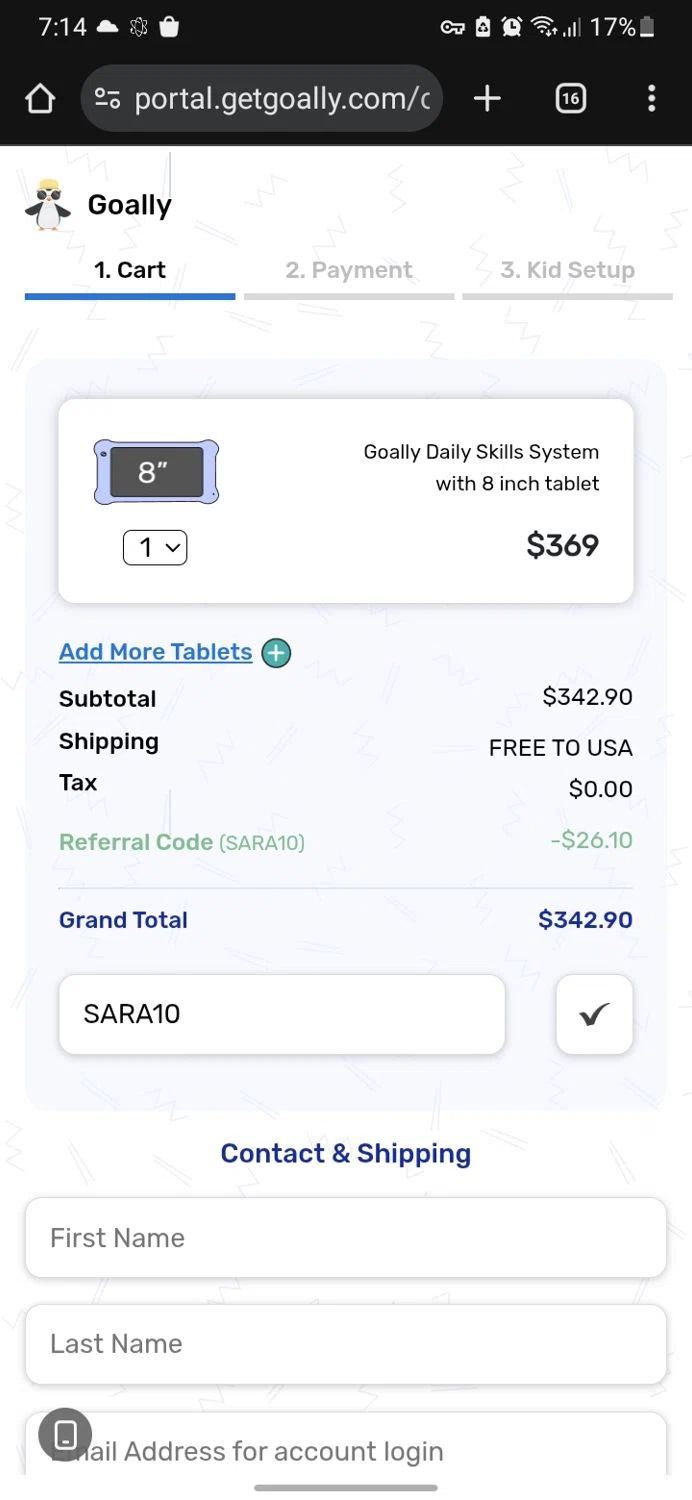 Goally discount code screenshot showing code SARA10 applied at Goally checkout page. Uploaded by SimplyCodes community member miguelcrast on Nov 8, 2025
