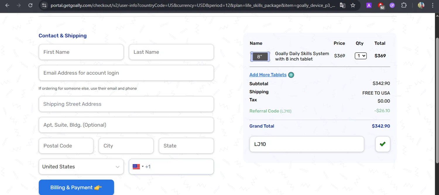 Goally discount code screenshot showing code LJ10 applied at Goally checkout page. Uploaded by SimplyCodes community member BrilliantFox7966 on Oct 7, 2025