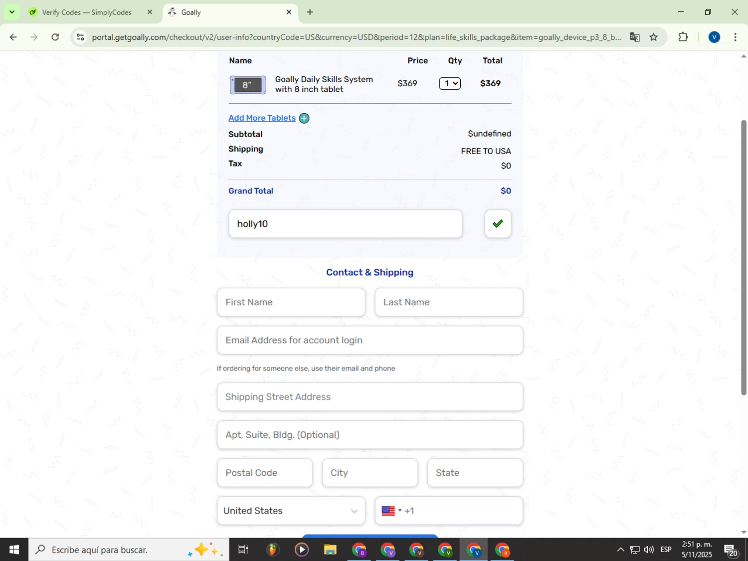Goally discount code screenshot showing code holly10 applied at Goally checkout page. Uploaded by SimplyCodes community member Garou_Y2K on Nov 5, 2025