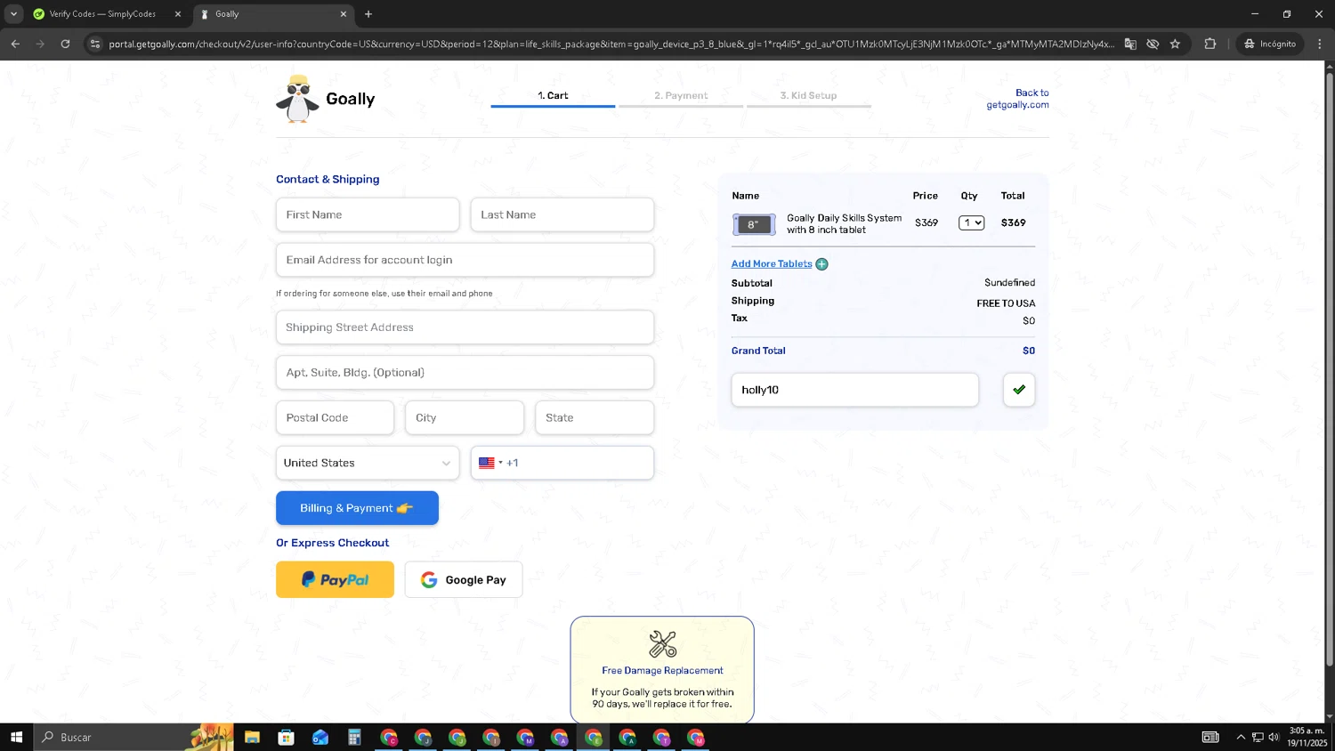 Goally discount code screenshot showing code holly10 applied at Goally checkout page. Uploaded by SimplyCodes community member SUZUKIV on Nov 19, 2025