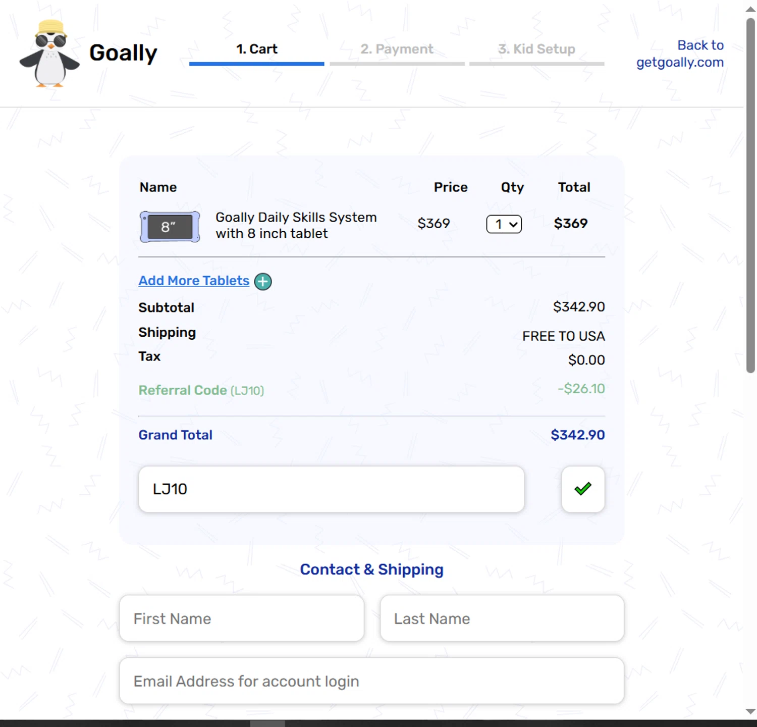 Goally discount code screenshot showing code LJ10 applied at Goally checkout page. Uploaded by SimplyCodes community member yokoono10 on Oct 7, 2025