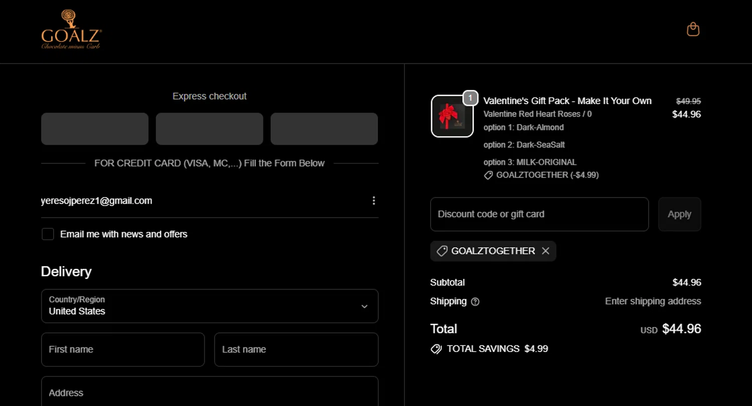 Goalz discount code screenshot showing code GOALZTOGETHER applied at Goalz checkout page. Uploaded by SimplyCodes community member Loki_Odinson on Oct 5, 2025