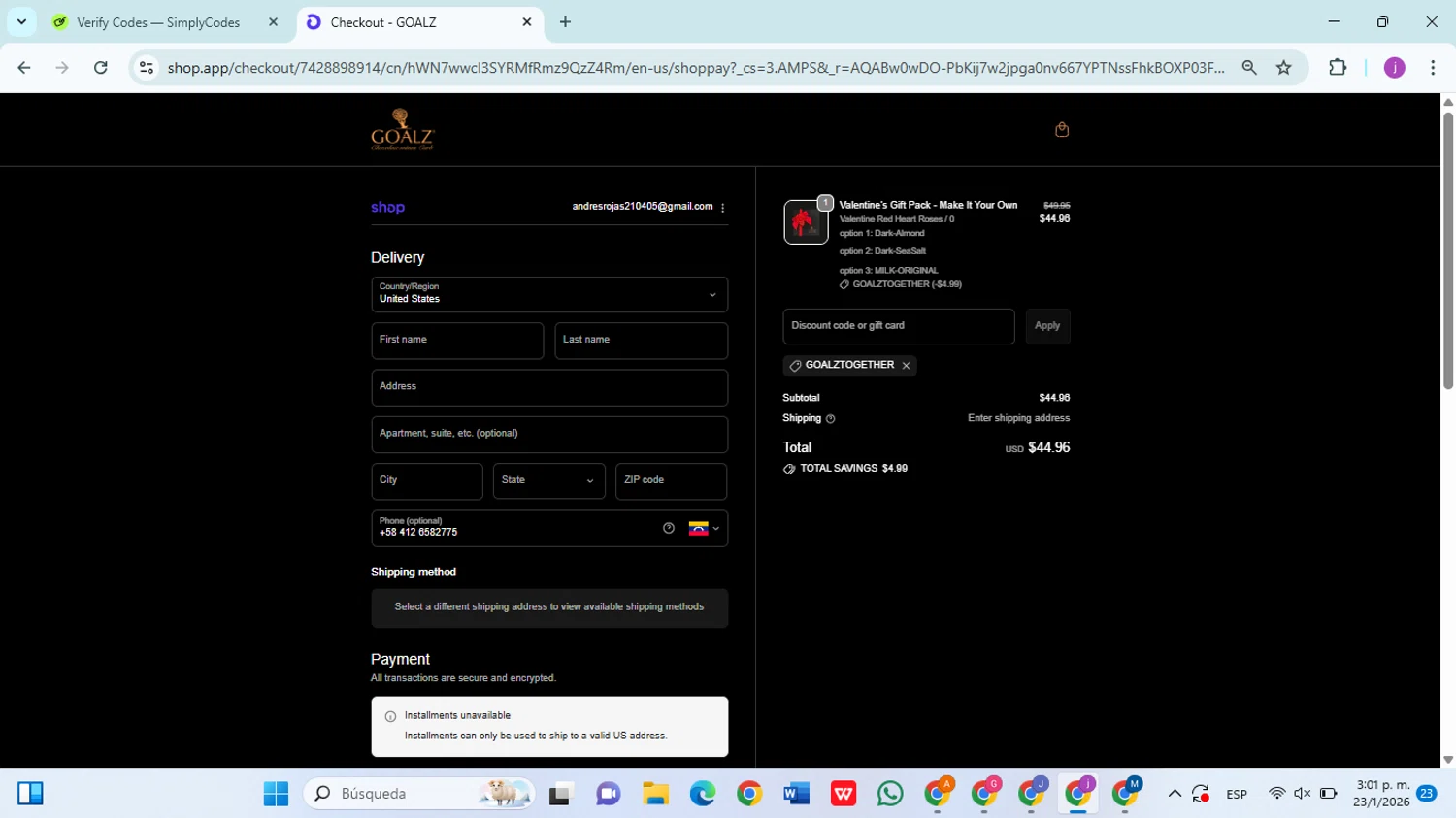 Goalz discount code screenshot showing code GOALZTOGETHER applied at Goalz checkout page. Uploaded by SimplyCodes community member christophersierra on Jan 23, 2026