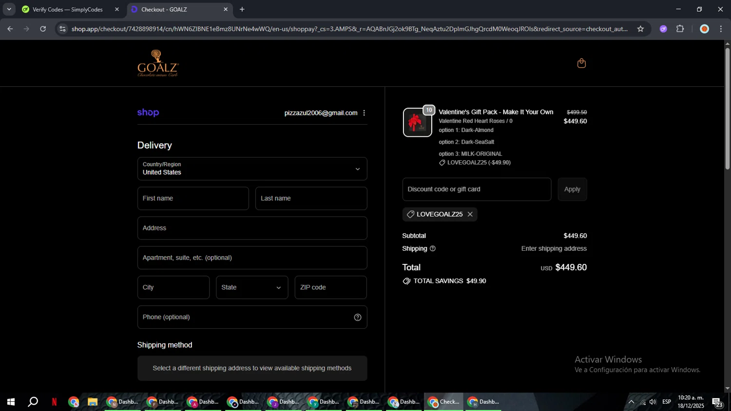 Goalz discount code screenshot showing code LOVEGOALZ25 applied at Goalz checkout page. Uploaded by SimplyCodes community member BonusCaptain9927 on Dec 18, 2025