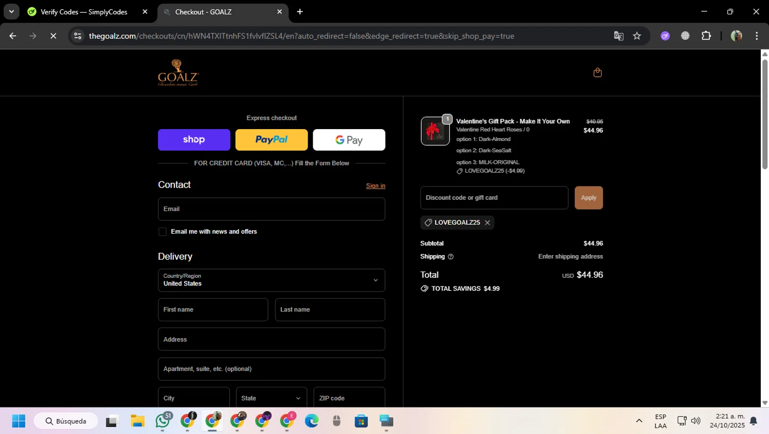 Goalz discount code screenshot showing code LOVEGOALZ25 applied at Goalz checkout page. Uploaded by SimplyCodes community member MoneySentinel7597 on Oct 24, 2025