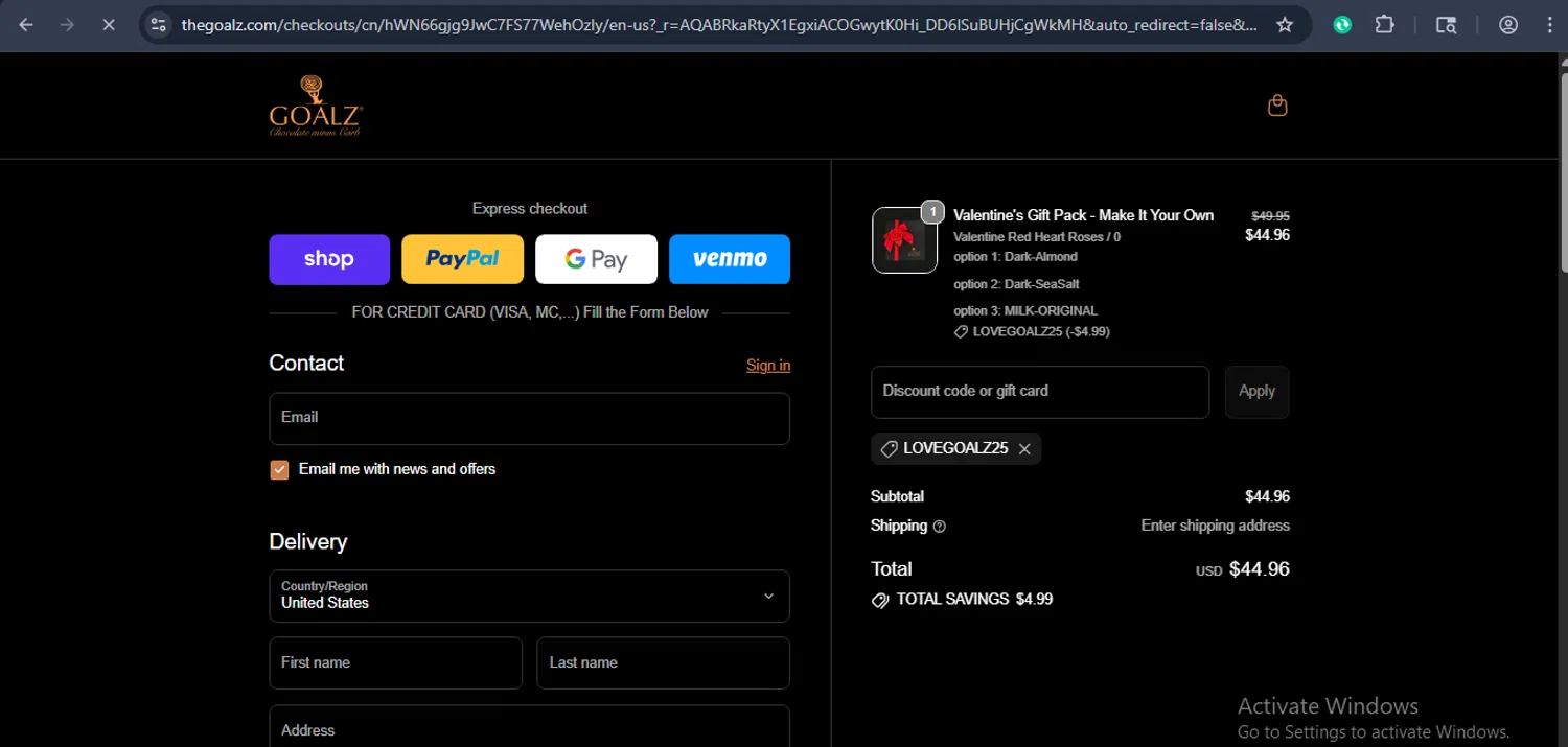 Goalz discount code screenshot showing code LOVEGOALZ25 applied at Goalz checkout page. Uploaded by SimplyCodes community member xaswqe on Dec 6, 2025